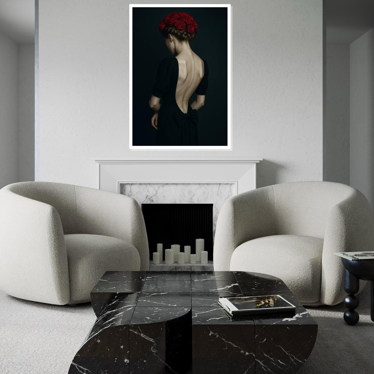 Red Roses Back, Elegant Woman Canvas, Floral Hair Art, Wall Art Canvas Design, Ready To Hang Decor, Portrait Canvas Print