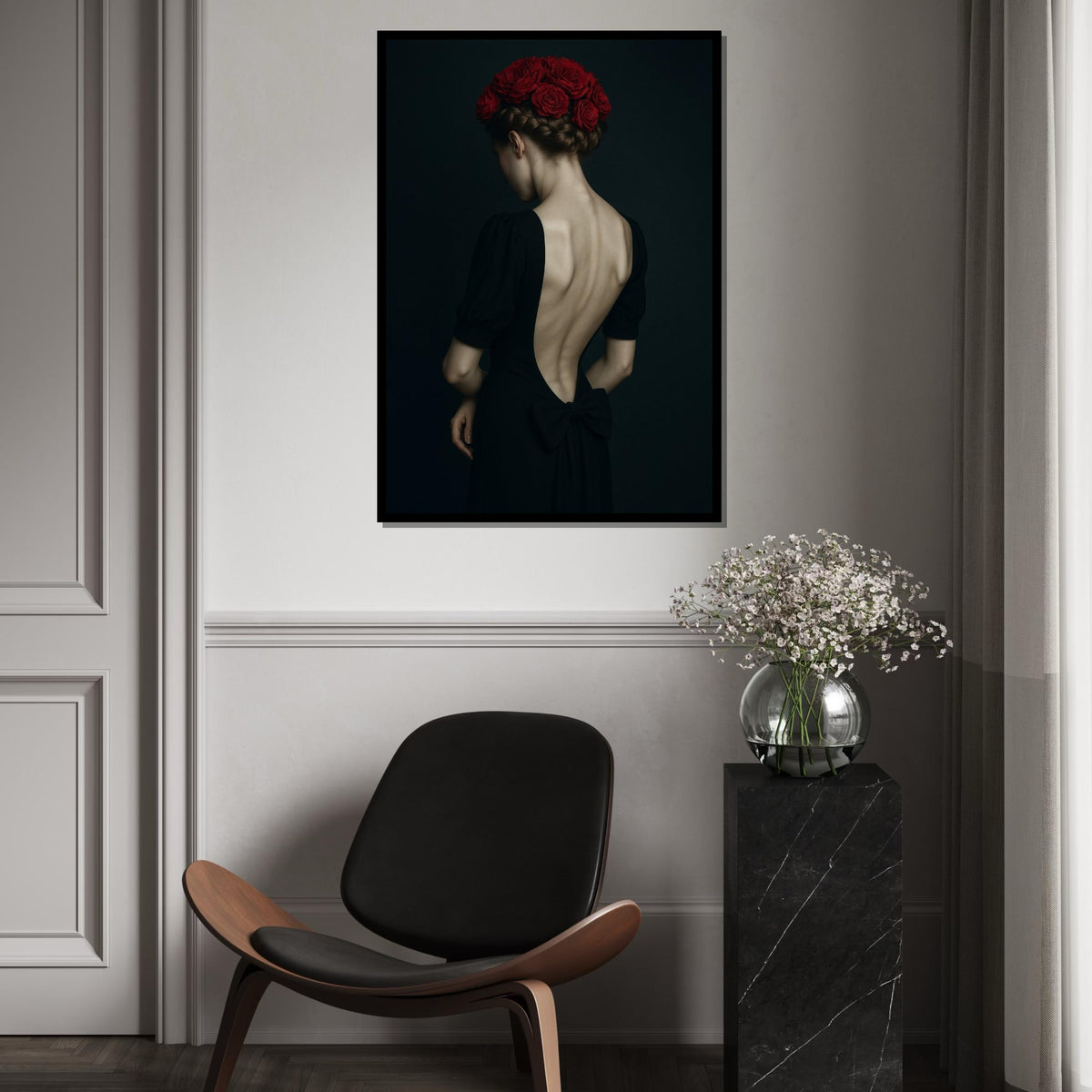Red Roses Back, Elegant Woman Canvas, Floral Hair Art, Wall Art Canvas Design, Ready To Hang Decor, Portrait Canvas Print