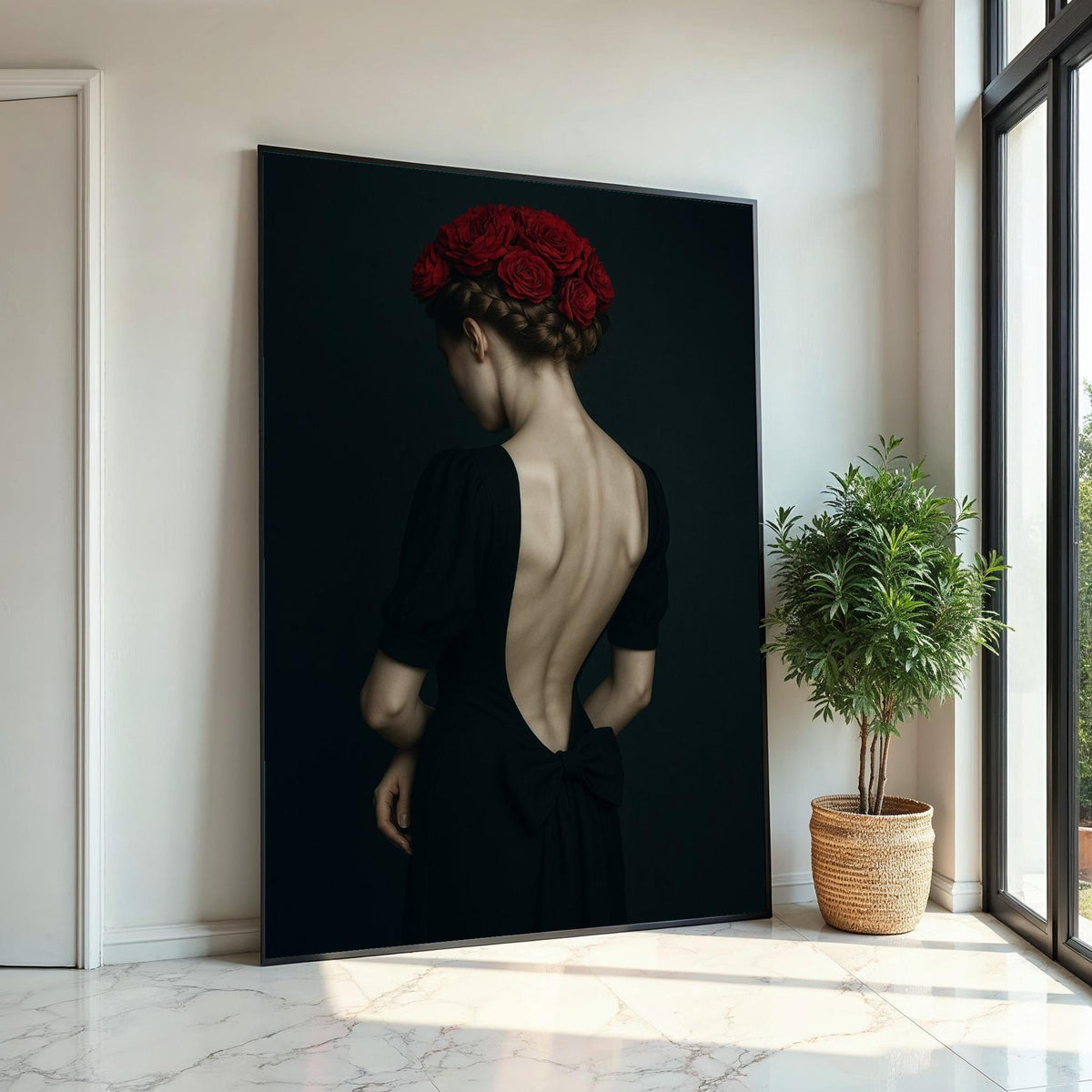 Red Roses Back, Elegant Woman Canvas, Floral Hair Art, Wall Art Canvas Design, Ready To Hang Decor, Portrait Canvas Print