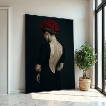Red Roses Back, Elegant Woman Canvas, Floral Hair Art, Wall Art Canvas Design, Ready To Hang Decor, Portrait Canvas Print