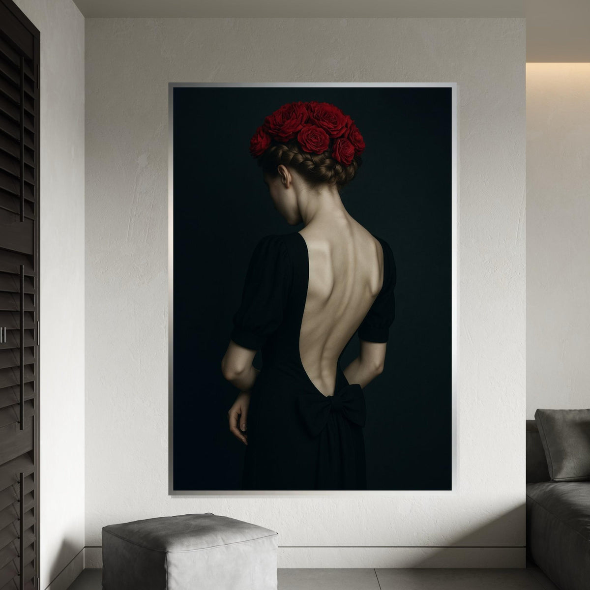 Red Roses Back, Elegant Woman Canvas, Floral Hair Art, Wall Art Canvas Design, Ready To Hang Decor, Portrait Canvas Print