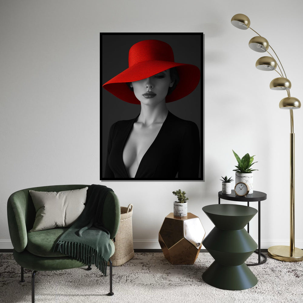 Elegant Woman in Red Hat, Black and White Canvas, Fashion Wall Art, Chic Portrait, Canvas Wall Art Design, Ready to Hang Home Decor