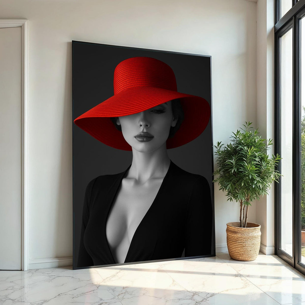Elegant Woman in Red Hat, Black and White Canvas, Fashion Wall Art, Chic Portrait, Canvas Wall Art Design, Ready to Hang Home Decor