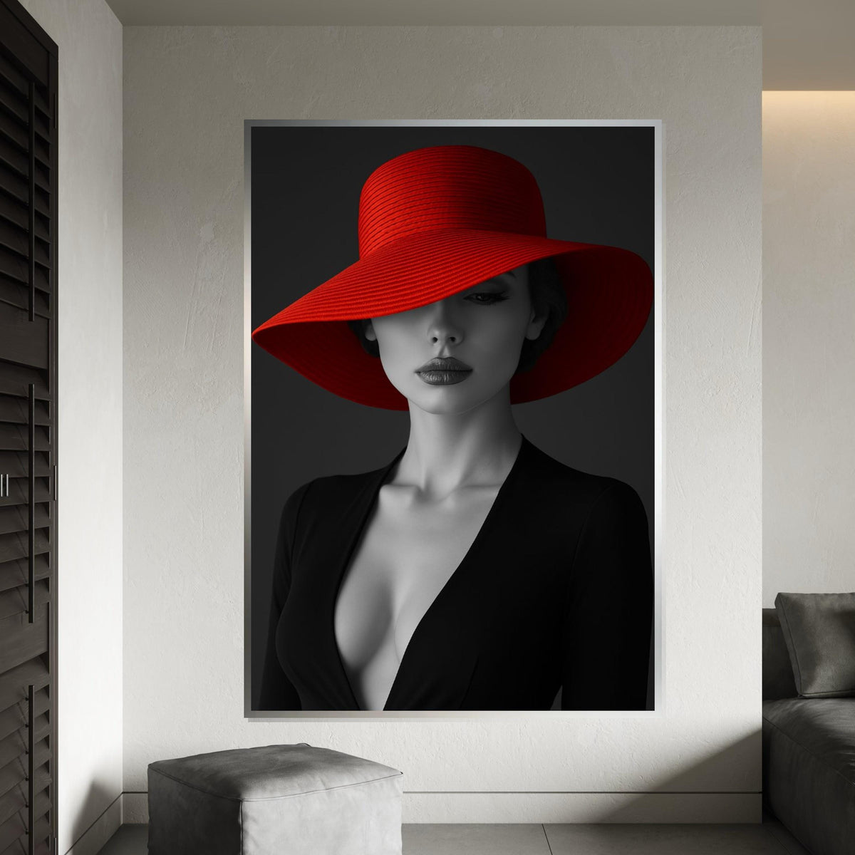 Elegant Woman in Red Hat, Black and White Canvas, Fashion Wall Art, Chic Portrait, Canvas Wall Art Design, Ready to Hang Home Decor