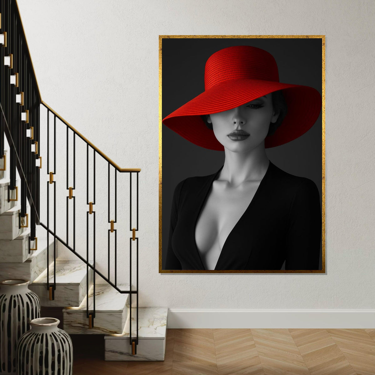 Elegant Woman in Red Hat, Black and White Canvas, Fashion Wall Art, Chic Portrait, Canvas Wall Art Design, Ready to Hang Home Decor