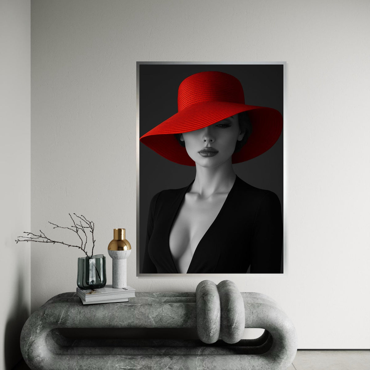 Elegant Woman in Red Hat, Black and White Canvas, Fashion Wall Art, Chic Portrait, Canvas Wall Art Design, Ready to Hang Home Decor