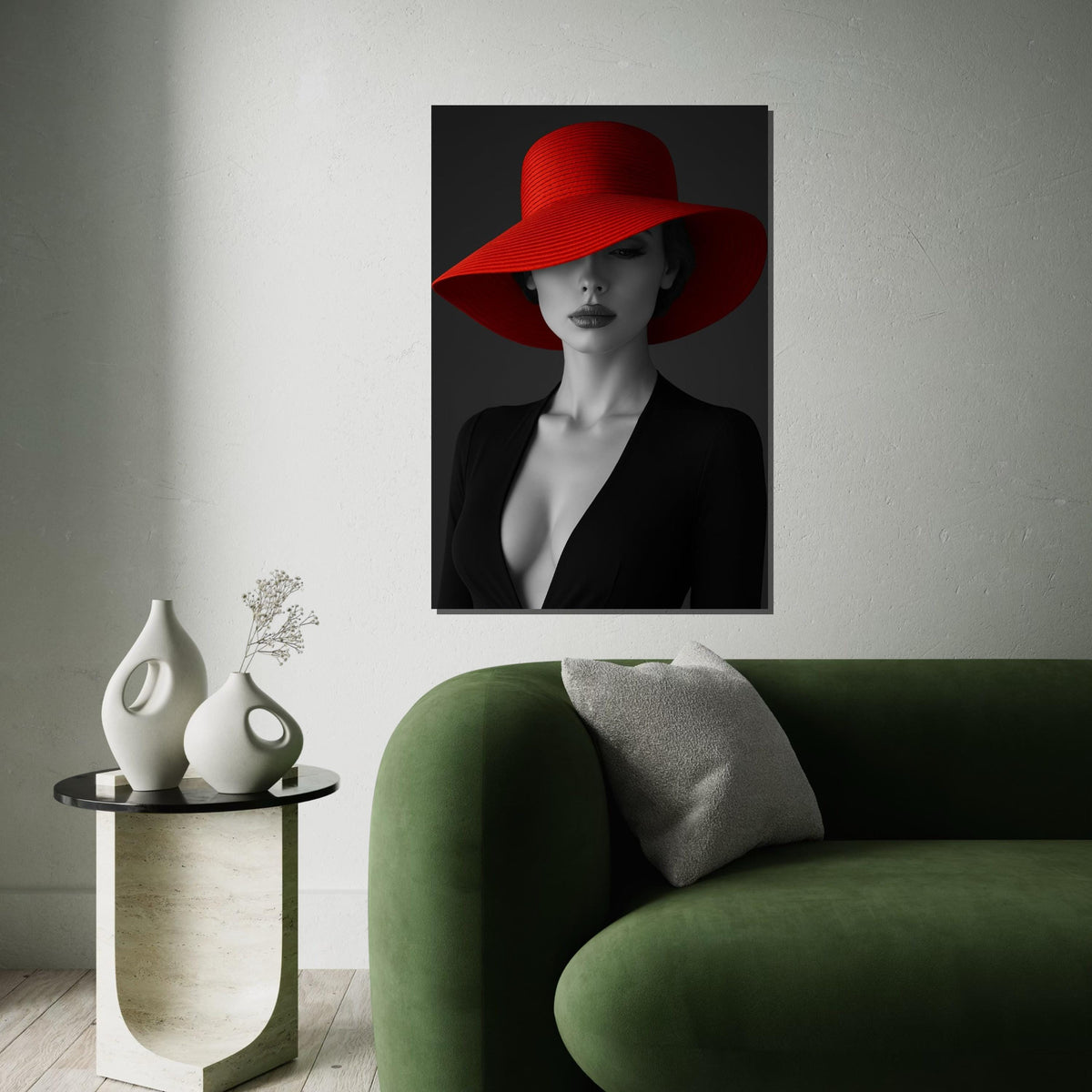 Elegant Woman in Red Hat, Black and White Canvas, Fashion Wall Art, Chic Portrait, Canvas Wall Art Design, Ready to Hang Home Decor