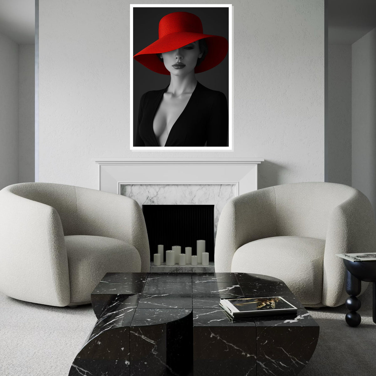 Elegant Woman in Red Hat, Black and White Canvas, Fashion Wall Art, Chic Portrait, Canvas Wall Art Design, Ready to Hang Home Decor