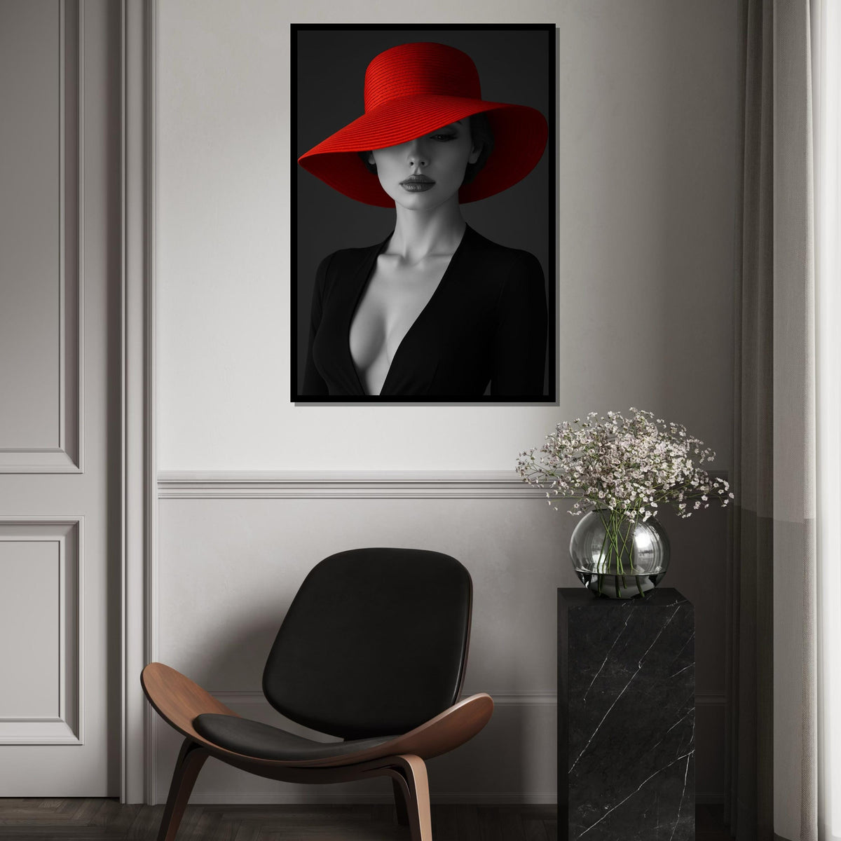Elegant Woman in Red Hat, Black and White Canvas, Fashion Wall Art, Chic Portrait, Canvas Wall Art Design, Ready to Hang Home Decor