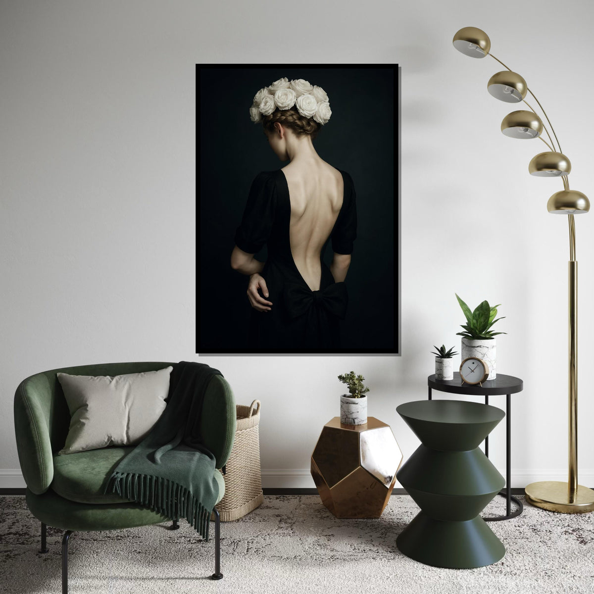 Elegant Floral Lady Canvas, Woman with Roses Art, Backless Dress Print, Wall Art Canvas Design, Home Decor, Ready to Hang Decoration