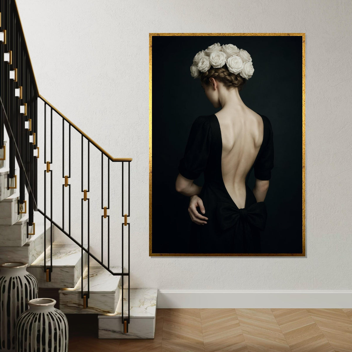 Elegant Floral Lady Canvas, Woman with Roses Art, Backless Dress Print, Wall Art Canvas Design, Home Decor, Ready to Hang Decoration