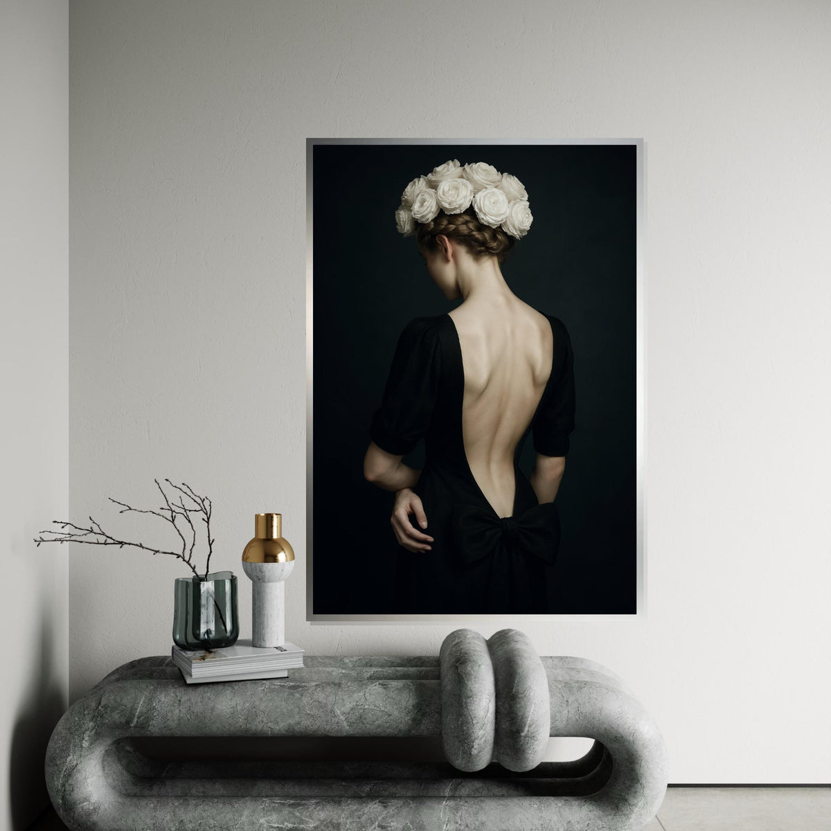 Elegant Floral Lady Canvas, Woman with Roses Art, Backless Dress Print, Wall Art Canvas Design, Home Decor, Ready to Hang Decoration
