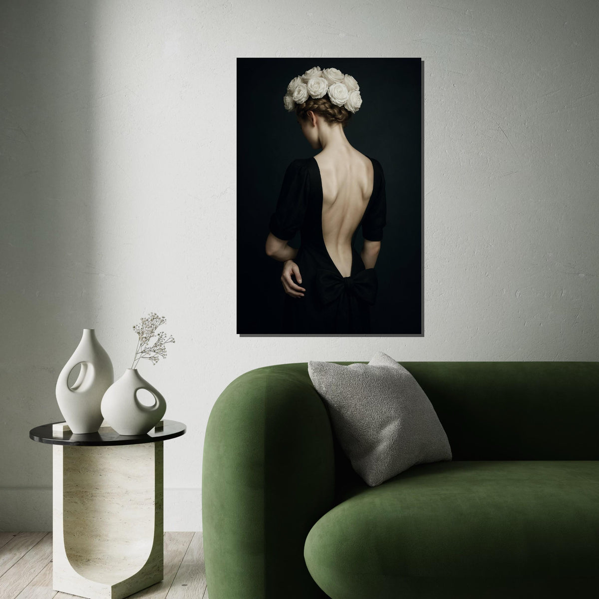 Elegant Floral Lady Canvas, Woman with Roses Art, Backless Dress Print, Wall Art Canvas Design, Home Decor, Ready to Hang Decoration