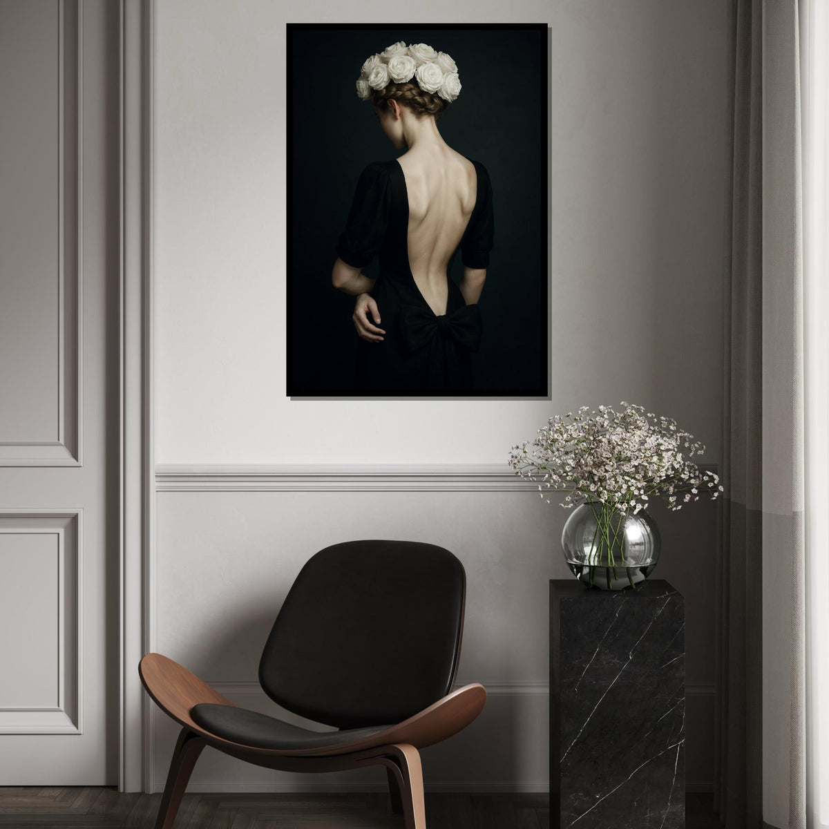 Elegant Floral Lady Canvas, Woman with Roses Art, Backless Dress Print, Wall Art Canvas Design, Home Decor, Ready to Hang Decoration