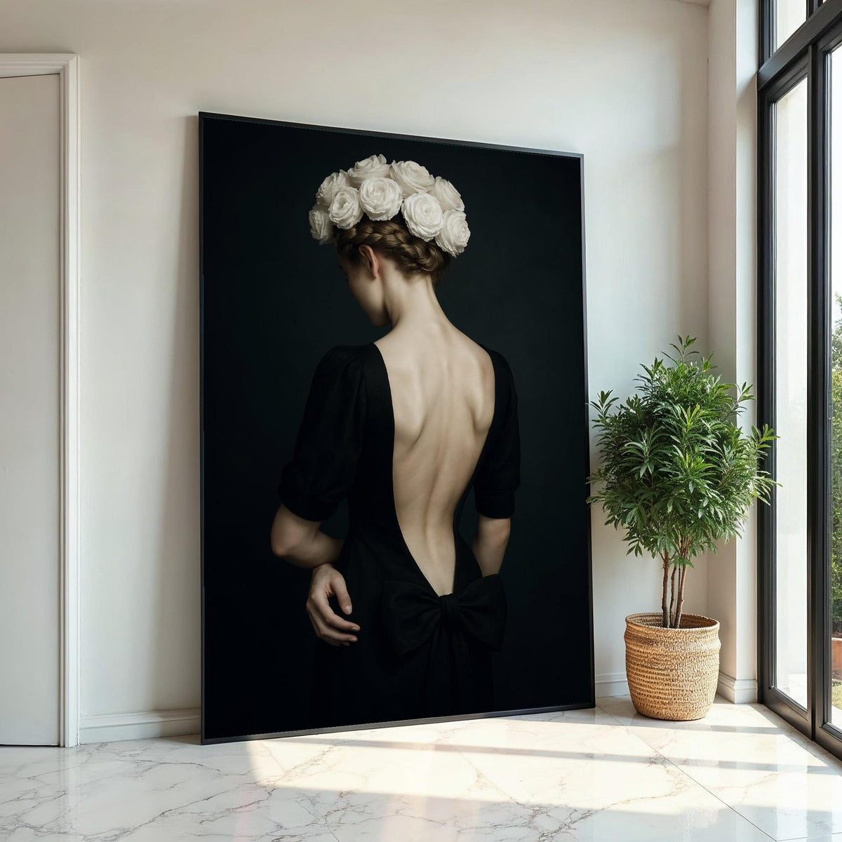 Elegant Floral Lady Canvas, Woman with Roses Art, Backless Dress Print, Wall Art Canvas Design, Home Decor, Ready to Hang Decoration