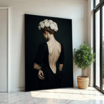 Elegant Floral Lady Canvas, Woman with Roses Art, Backless Dress Print, Wall Art Canvas Design, Home Decor, Ready to Hang Decoration