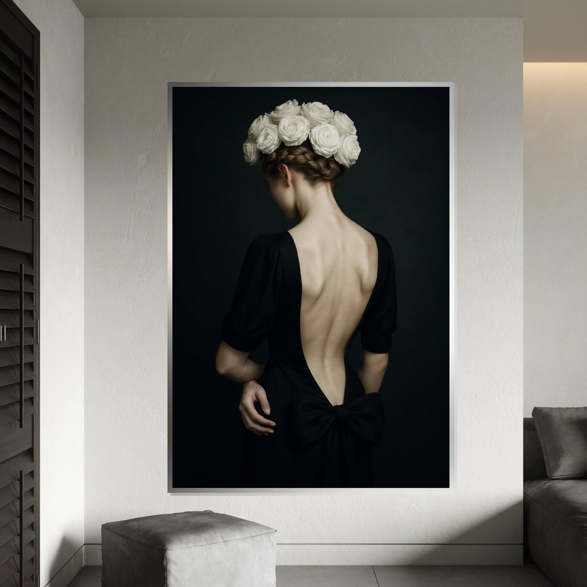 Elegant Floral Lady Canvas, Woman with Roses Art, Backless Dress Print, Wall Art Canvas Design, Home Decor, Ready to Hang Decoration