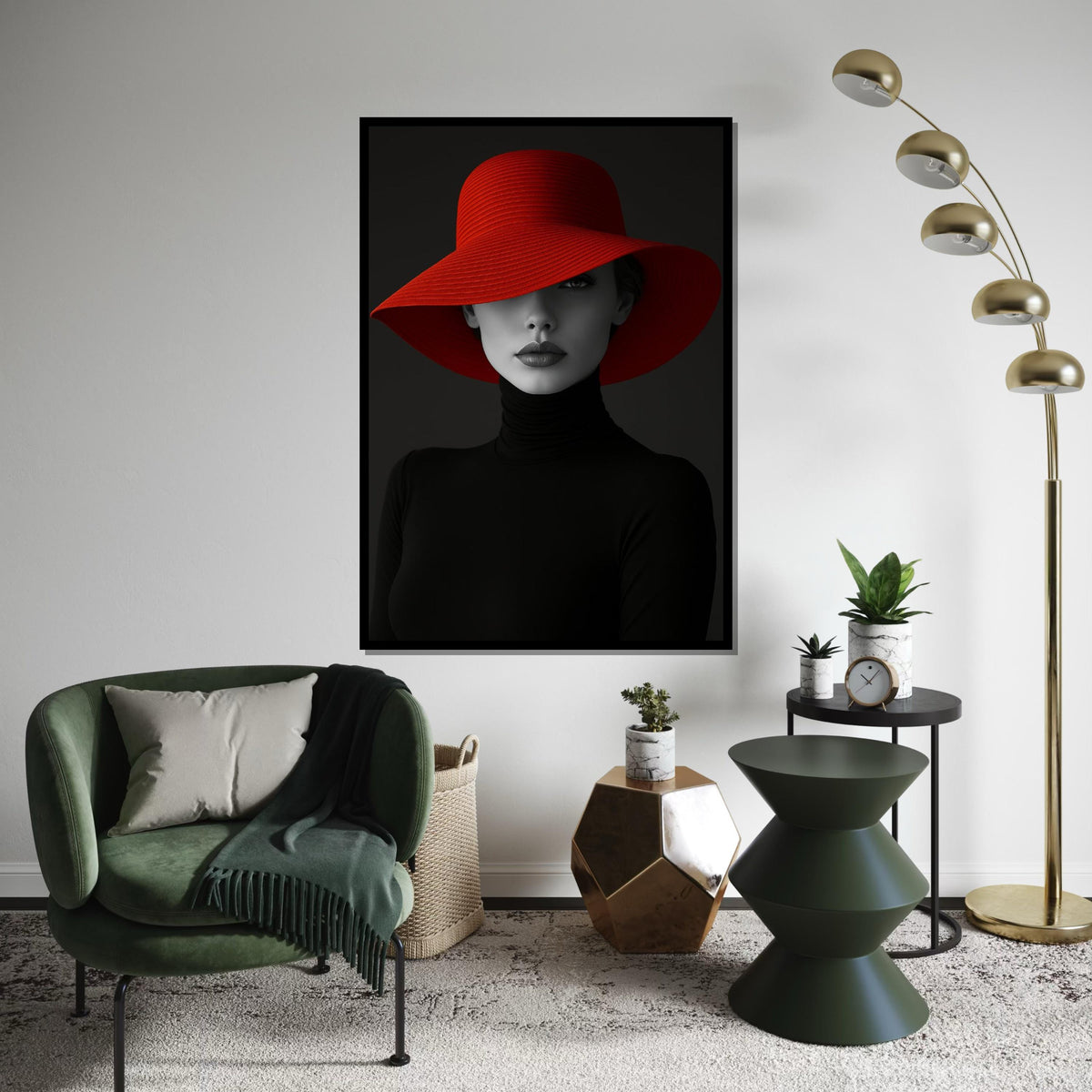 Elegant Woman in Red Hat, Fashion Canvas Wall Art, Monochrome Lady Portrait, Wall Art Canvas Design, Ready To Hang Decoration