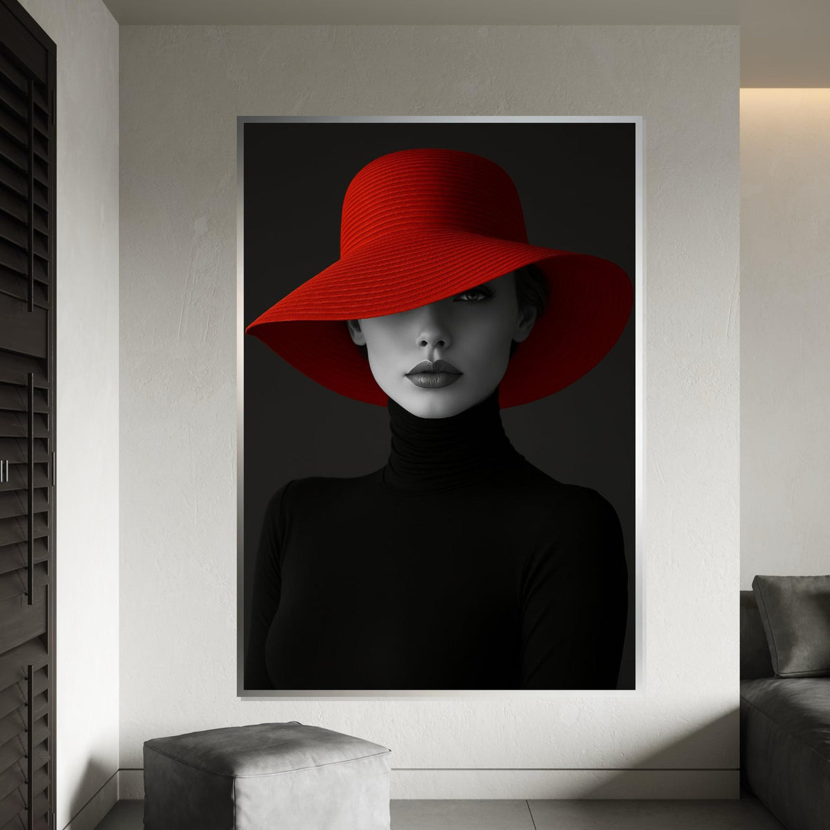 Elegant Woman in Red Hat, Fashion Canvas Wall Art, Monochrome Lady Portrait, Wall Art Canvas Design, Ready To Hang Decoration