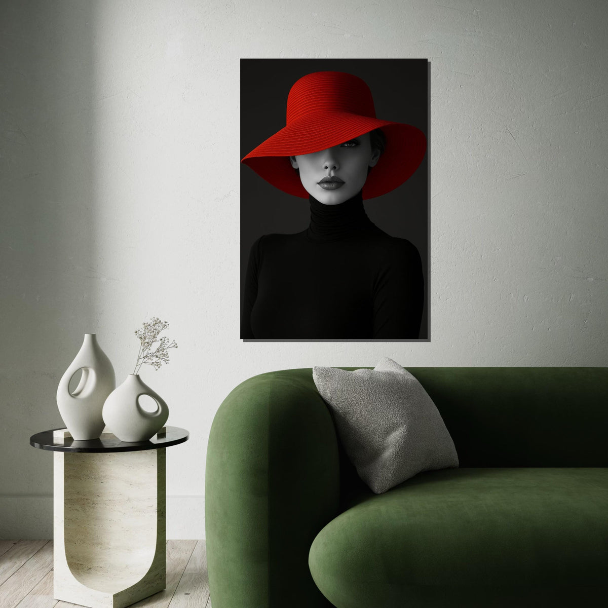 Elegant Woman in Red Hat, Fashion Canvas Wall Art, Monochrome Lady Portrait, Wall Art Canvas Design, Ready To Hang Decoration