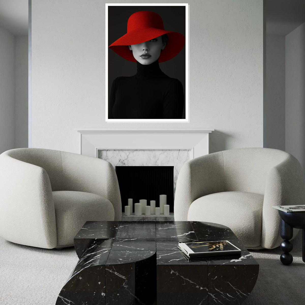 Elegant Woman in Red Hat, Fashion Canvas Wall Art, Monochrome Lady Portrait, Wall Art Canvas Design, Ready To Hang Decoration