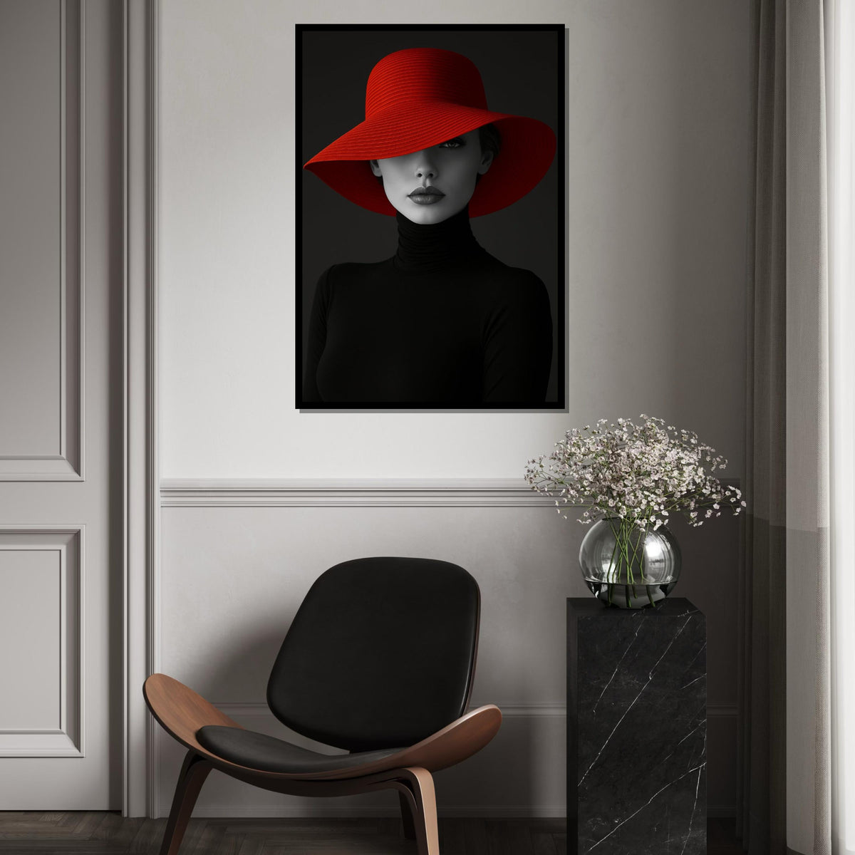 Elegant Woman in Red Hat, Fashion Canvas Wall Art, Monochrome Lady Portrait, Wall Art Canvas Design, Ready To Hang Decoration