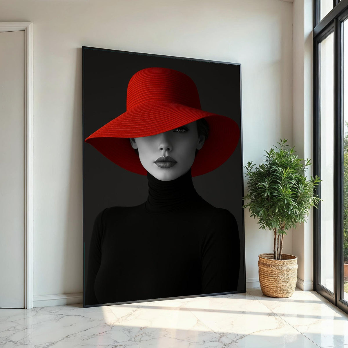 Elegant Woman in Red Hat, Fashion Canvas Wall Art, Monochrome Lady Portrait, Wall Art Canvas Design, Ready To Hang Decoration