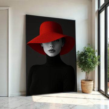 Elegant Woman in Red Hat, Fashion Canvas Wall Art, Monochrome Lady Portrait, Wall Art Canvas Design, Ready To Hang Decoration