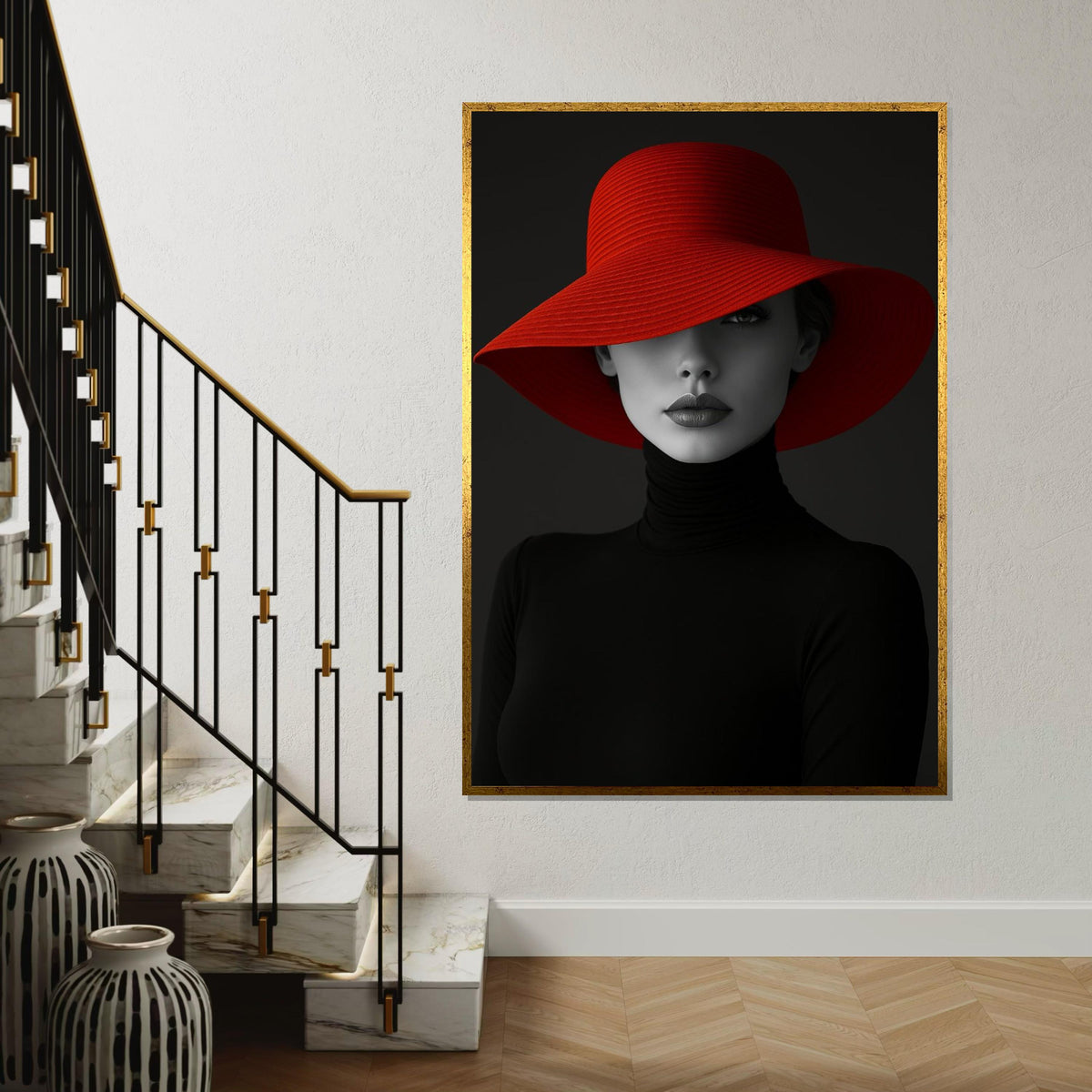 Elegant Woman in Red Hat, Fashion Canvas Wall Art, Monochrome Lady Portrait, Wall Art Canvas Design, Ready To Hang Decoration