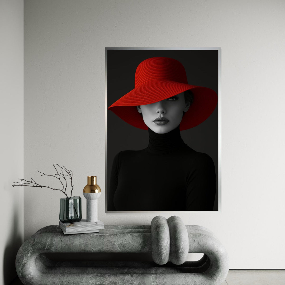 Elegant Woman in Red Hat, Fashion Canvas Wall Art, Monochrome Lady Portrait, Wall Art Canvas Design, Ready To Hang Decoration