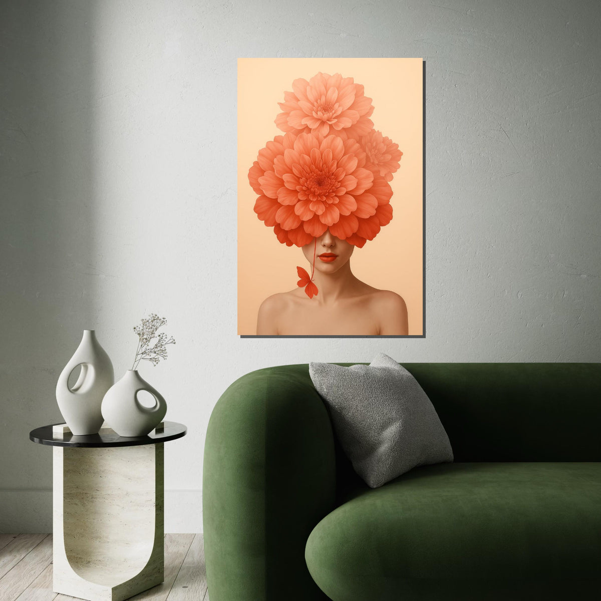 Floral Face Canvas Art, Woman with Flower Hat, Abstract Portrait Print, Wall Art Canvas Design, Ready to Hang Decoration
