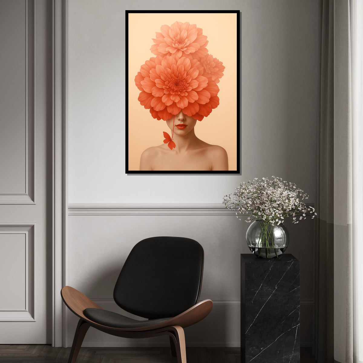 Floral Face Canvas Art, Woman with Flower Hat, Abstract Portrait Print, Wall Art Canvas Design, Ready to Hang Decoration