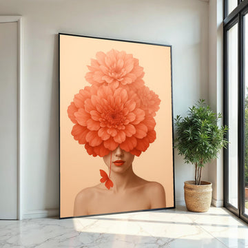 Floral Face Canvas Art, Woman with Flower Hat, Abstract Portrait Print, Wall Art Canvas Design, Ready to Hang Decoration