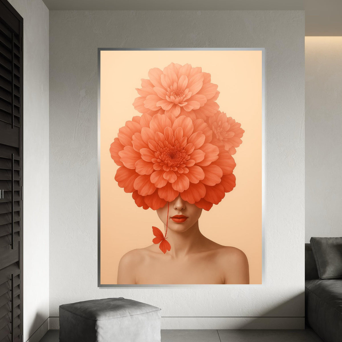 Floral Face Canvas Art, Woman with Flower Hat, Abstract Portrait Print, Wall Art Canvas Design, Ready to Hang Decoration