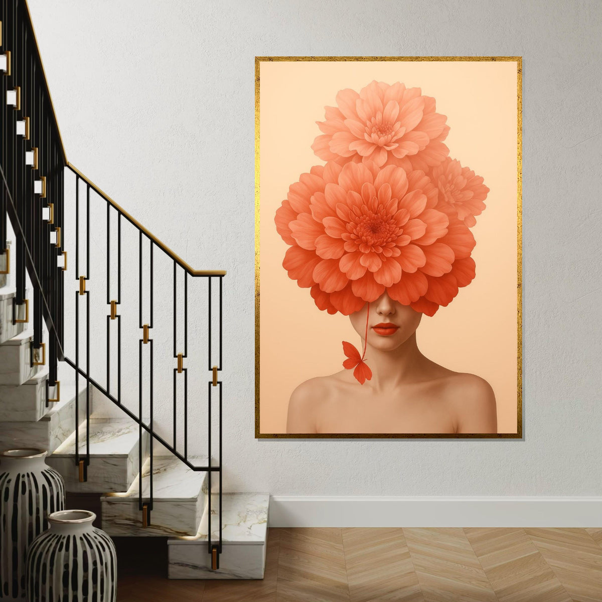 Floral Face Canvas Art, Woman with Flower Hat, Abstract Portrait Print, Wall Art Canvas Design, Ready to Hang Decoration