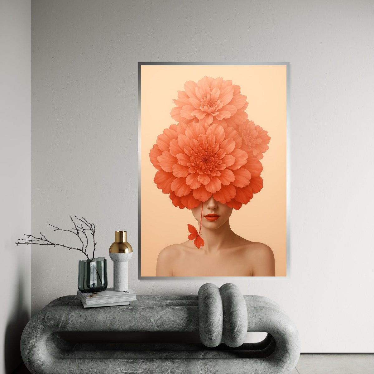 Floral Face Canvas Art, Woman with Flower Hat, Abstract Portrait Print, Wall Art Canvas Design, Ready to Hang Decoration