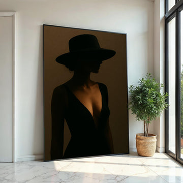 Mysterious Silhouette Canvas, Woman in Black Dress, Shadow Wall Art, Elegant Hat Portrait, Wall Art Canvas Design, Ready to Hang