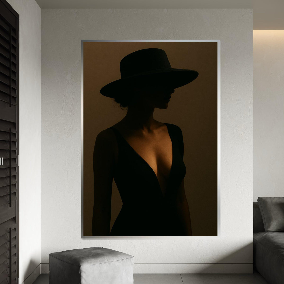 Mysterious Silhouette Canvas, Woman in Black Dress, Shadow Wall Art, Elegant Hat Portrait, Wall Art Canvas Design, Ready to Hang