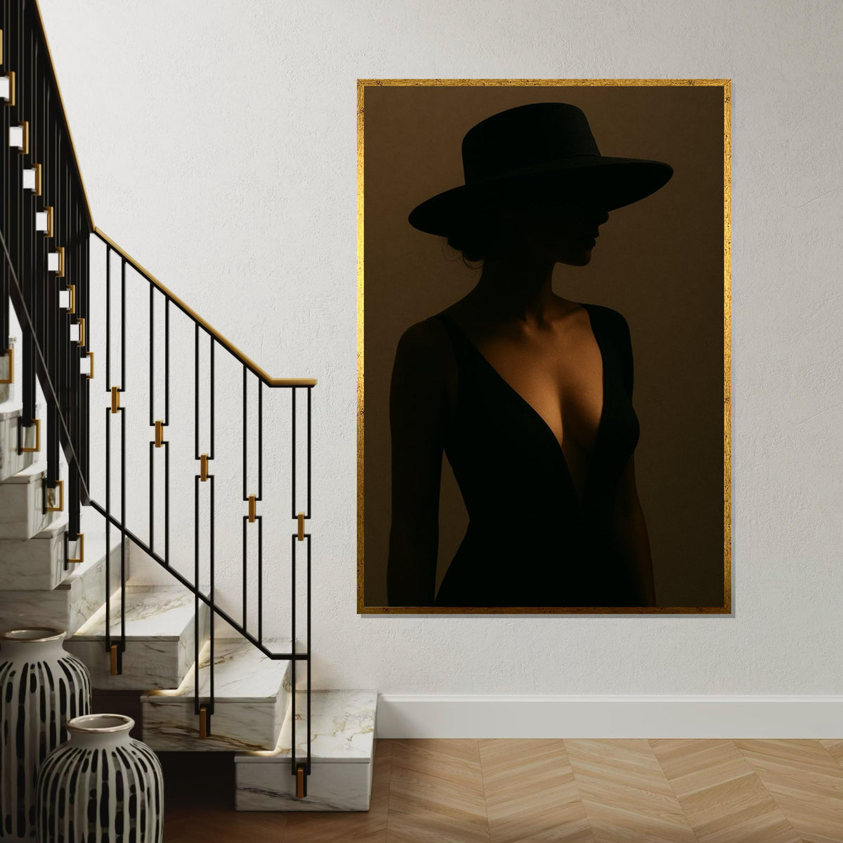 Mysterious Silhouette Canvas, Woman in Black Dress, Shadow Wall Art, Elegant Hat Portrait, Wall Art Canvas Design, Ready to Hang