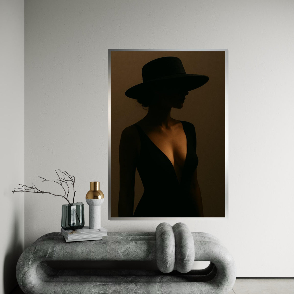 Mysterious Silhouette Canvas, Woman in Black Dress, Shadow Wall Art, Elegant Hat Portrait, Wall Art Canvas Design, Ready to Hang