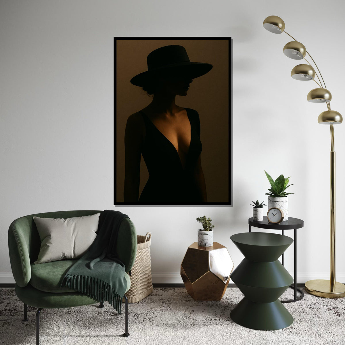 Mysterious Silhouette Canvas, Woman in Black Dress, Shadow Wall Art, Elegant Hat Portrait, Wall Art Canvas Design, Ready to Hang