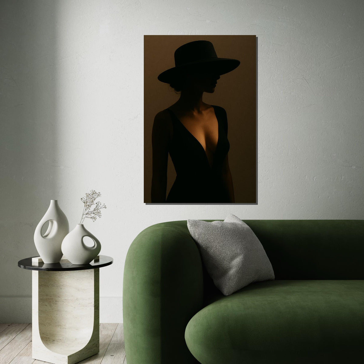 Mysterious Silhouette Canvas, Woman in Black Dress, Shadow Wall Art, Elegant Hat Portrait, Wall Art Canvas Design, Ready to Hang