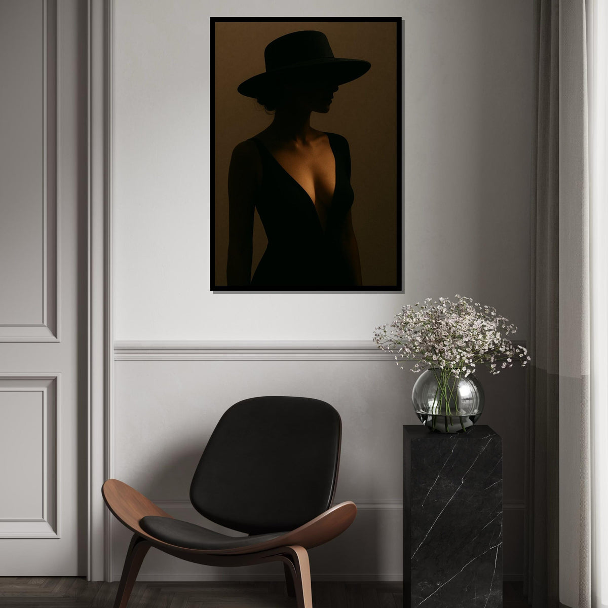Mysterious Silhouette Canvas, Woman in Black Dress, Shadow Wall Art, Elegant Hat Portrait, Wall Art Canvas Design, Ready to Hang