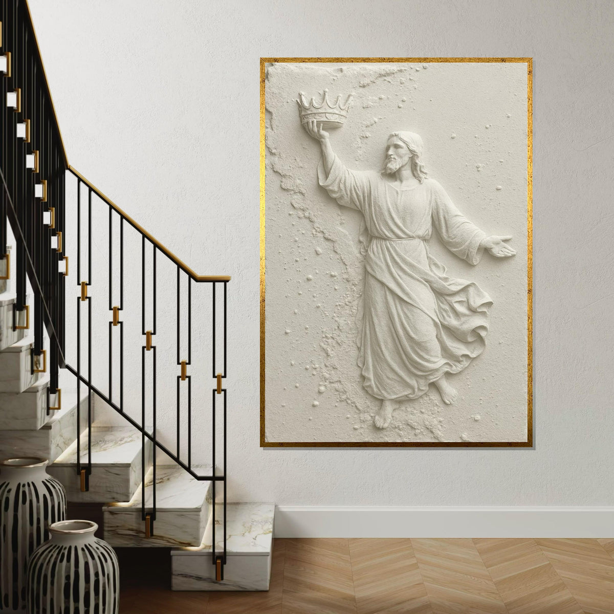 Crowned Savior Canvas Wall Art, Religious Wall Art, Jesus Sculpture Print, Wall Art Canvas Design, Ready to Hang Decoration