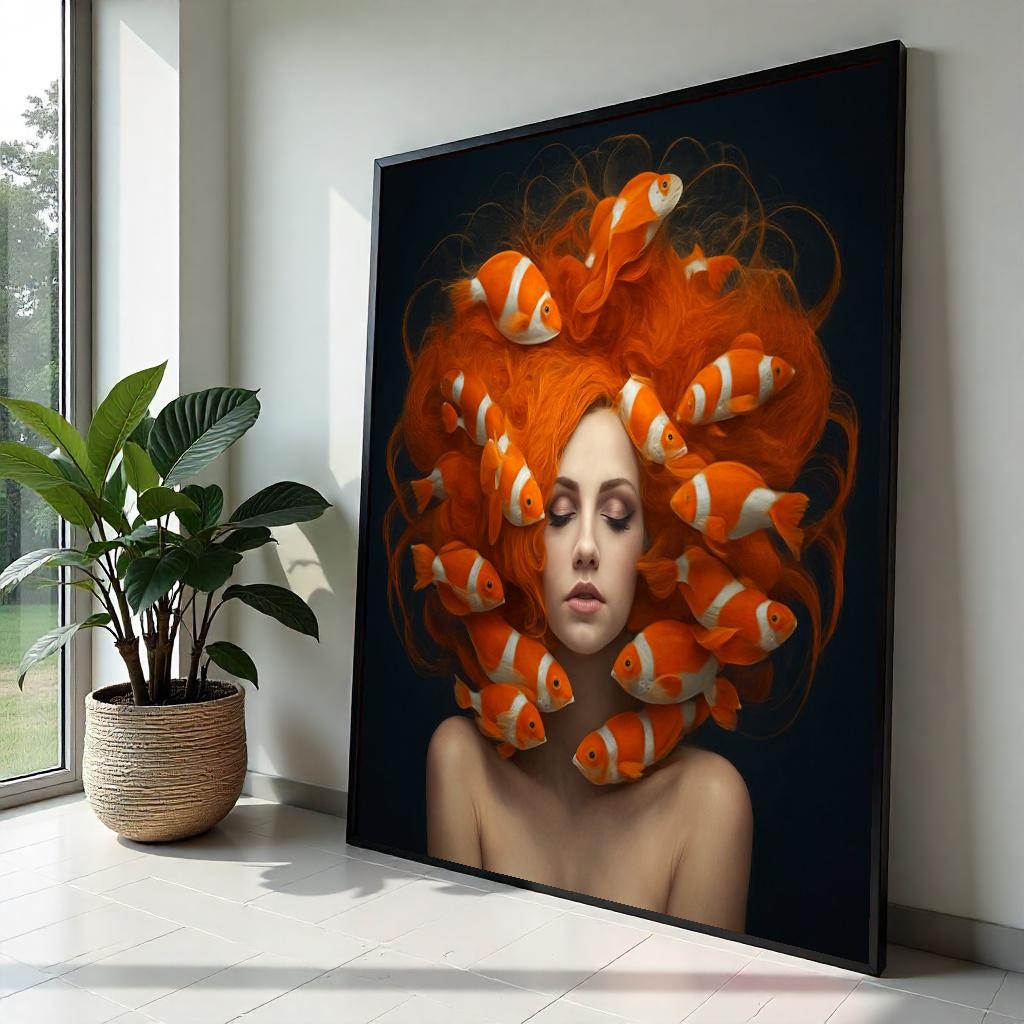 Surreal Goldfish Hair Canvas, Woman with Fish, Vibrant Wall Art, Unique Home Decor, Artsy Canvas Design, Ready to Hang Decoration