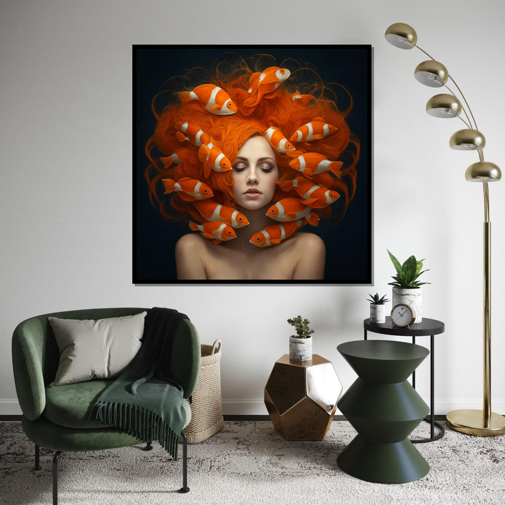 Surreal Goldfish Hair Canvas, Woman with Fish, Vibrant Wall Art, Unique Home Decor, Artsy Canvas Design, Ready to Hang Decoration