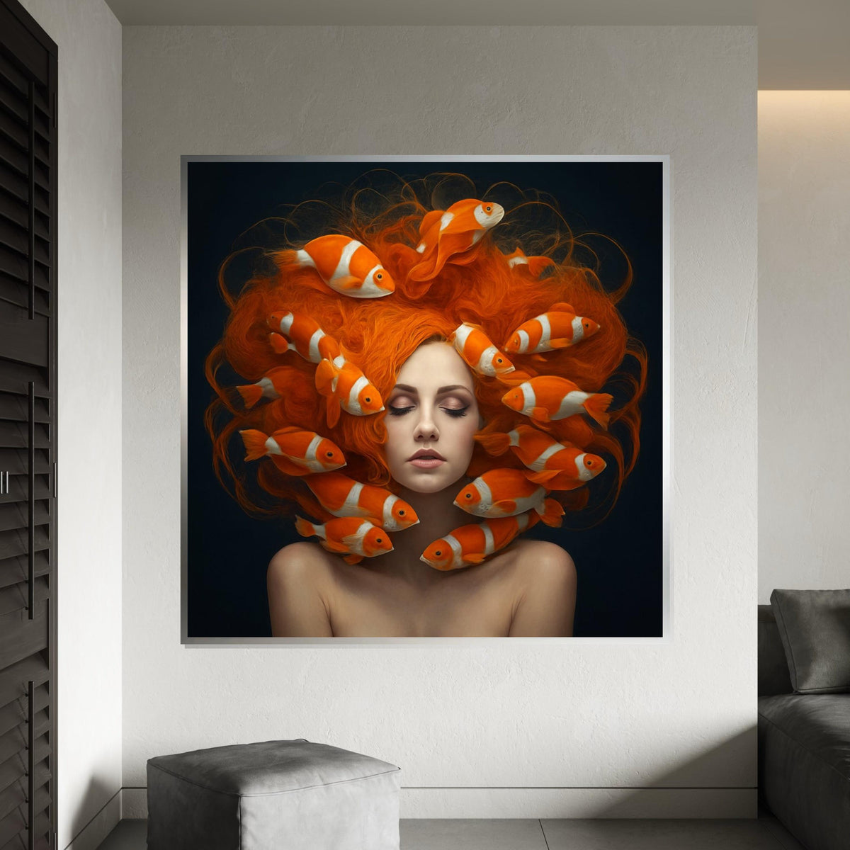 Surreal Goldfish Hair Canvas, Woman with Fish, Vibrant Wall Art, Unique Home Decor, Artsy Canvas Design, Ready to Hang Decoration