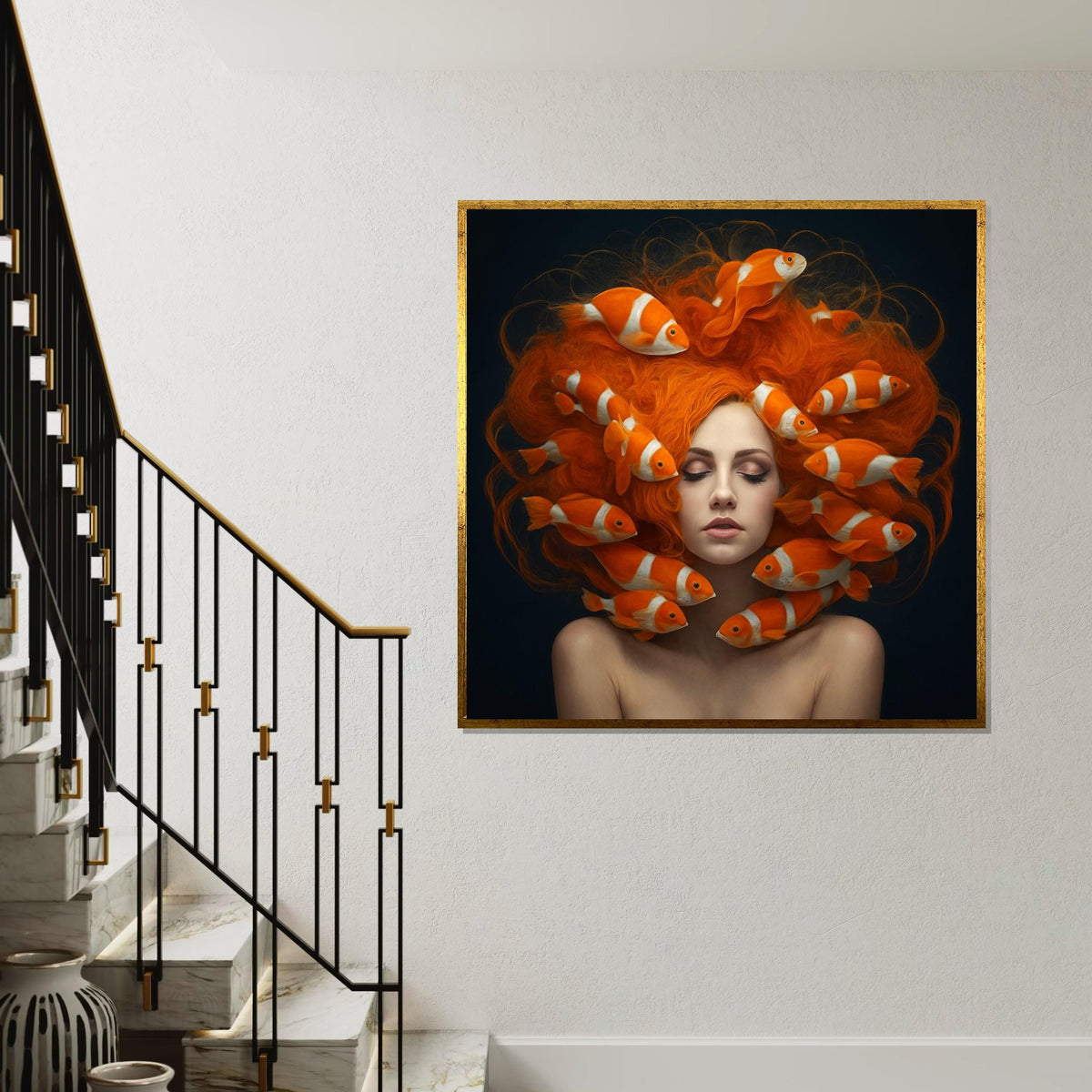 Surreal Goldfish Hair Canvas, Woman with Fish, Vibrant Wall Art, Unique Home Decor, Artsy Canvas Design, Ready to Hang Decoration