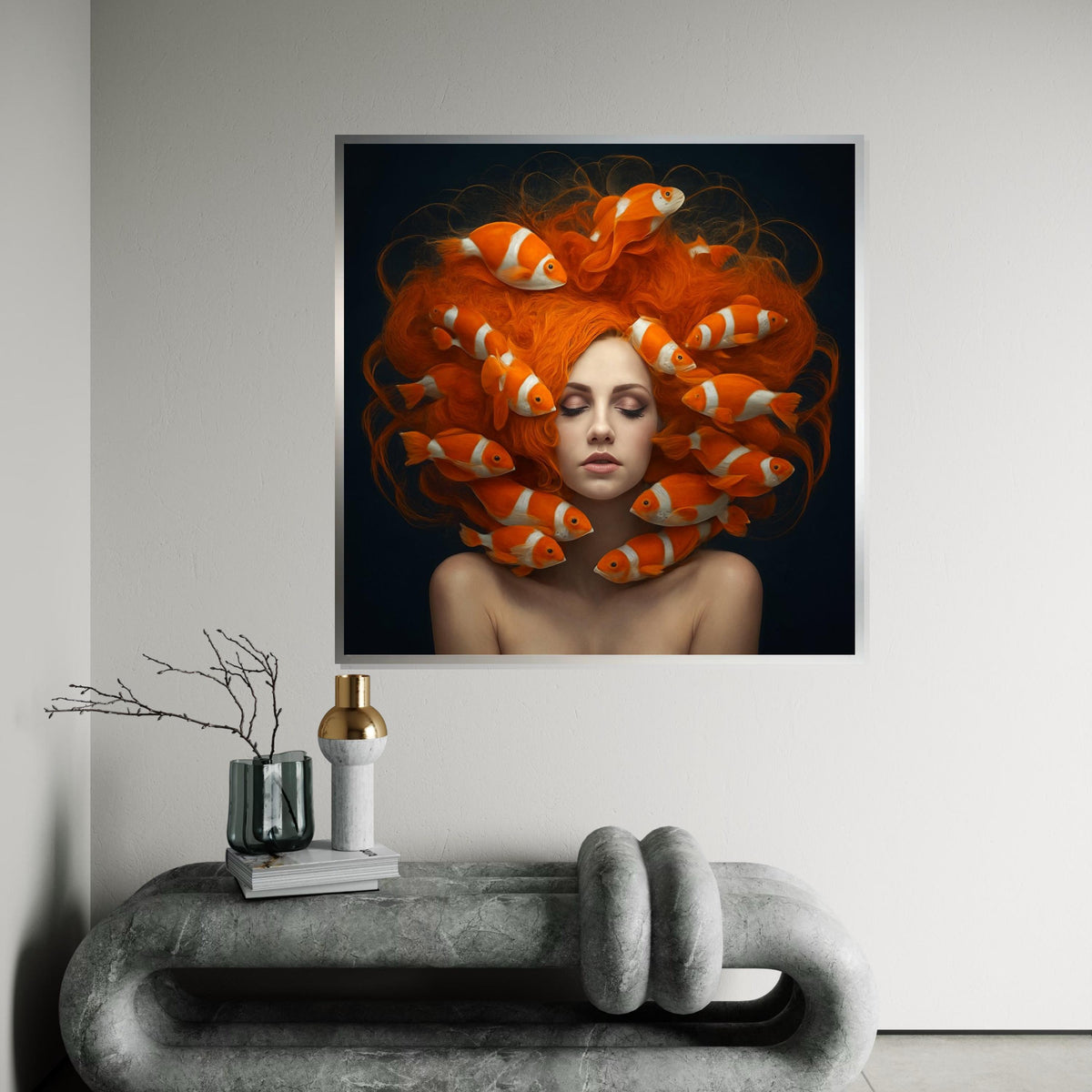 Surreal Goldfish Hair Canvas, Woman with Fish, Vibrant Wall Art, Unique Home Decor, Artsy Canvas Design, Ready to Hang Decoration