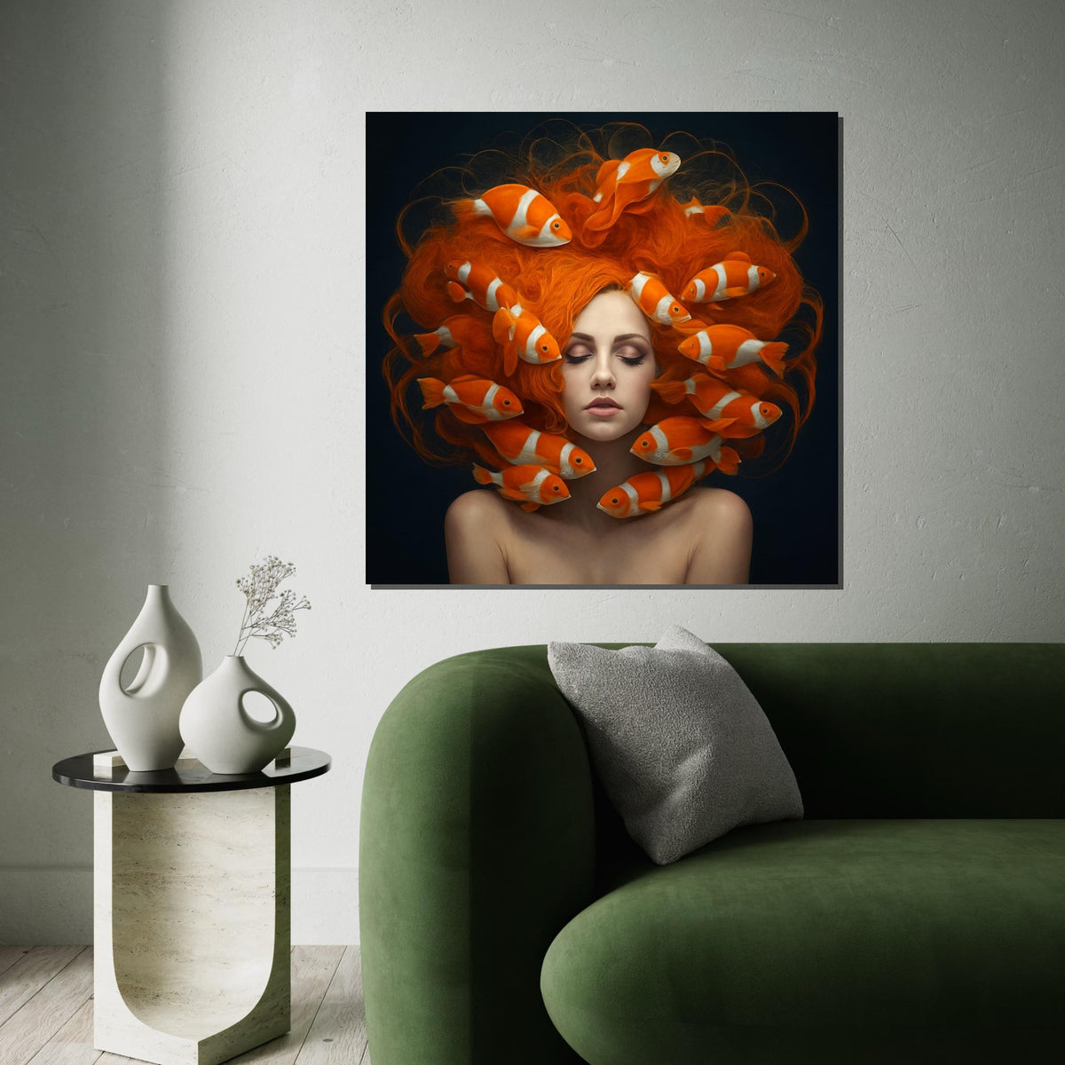 Surreal Goldfish Hair Canvas, Woman with Fish, Vibrant Wall Art, Unique Home Decor, Artsy Canvas Design, Ready to Hang Decoration